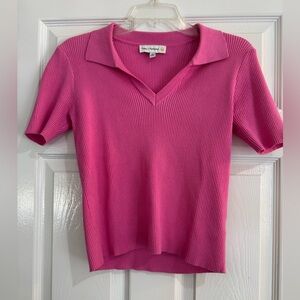 Fate + Fortune Pink Ribbed V-Neck Polo Top